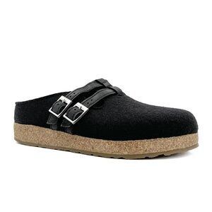Haflinger Haley Wool Clog in Black with Double Adjustable Buckle, Size 38/7 US